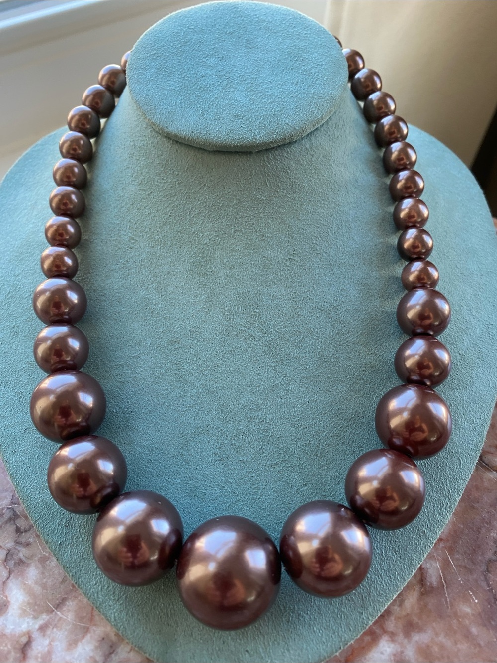 Graduated Chocolate Brown Faux Pearl Statement Necklace Adjustable Length